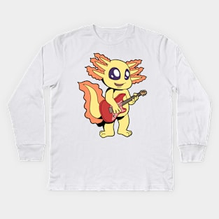 Comic axolotl plays electric guitar Kids Long Sleeve T-Shirt